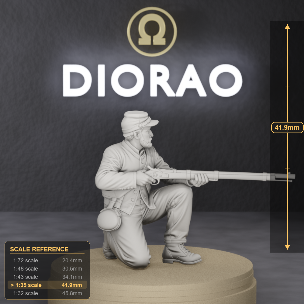Confederate Skirmisher Kneeling - American Civil War Confederate infantryman kneeling and firing, 1:35 scale grey resin miniature. - size reference with ruler.