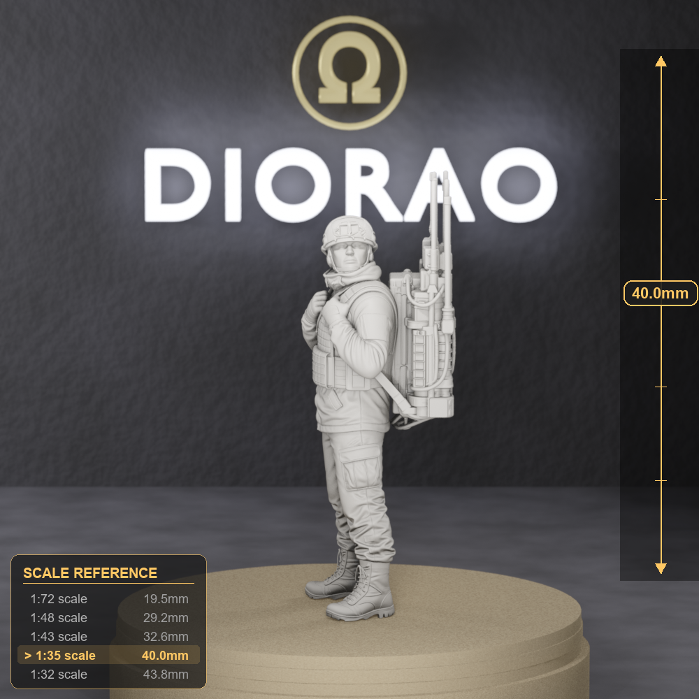 Electronic Warfare Backpack Operator - Ukrainian EW soldier with backpack jammer and directional antenna, 1:35 scale grey resin miniature. - size reference with ruler.