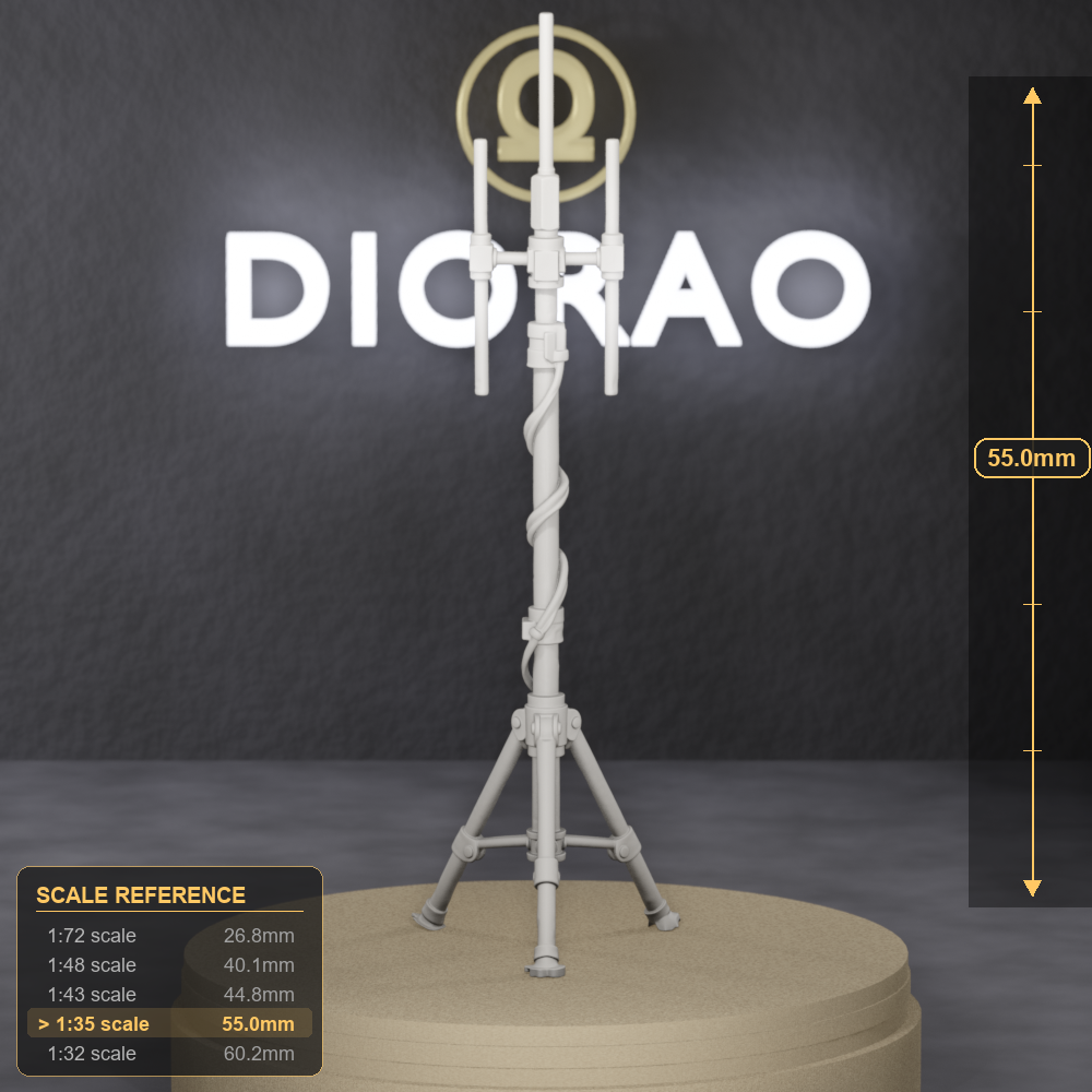 Field Antenna Mast - portable field antenna mast with guy lines, 1:35 scale grey resin miniature. - size reference with ruler.