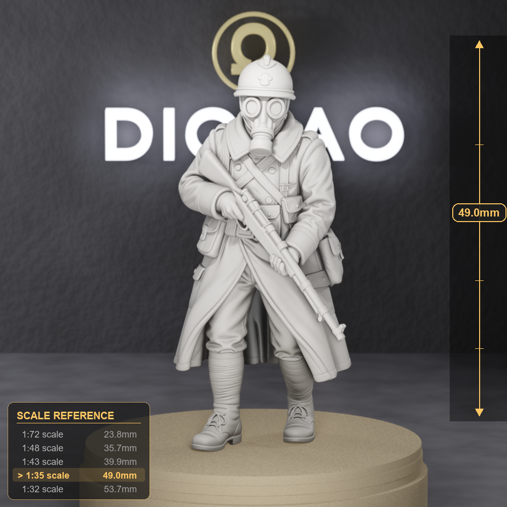 Gas Mask Sentry - WW1 trench sentry in greatcoat and gas mask on watch, 1:35 scale grey resin miniature. - size reference with ruler.