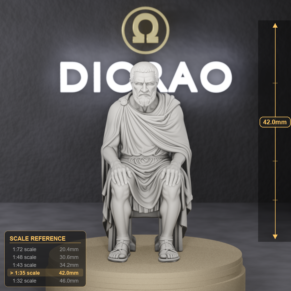 Gerousia Elder Seated - Spartan Gerousia elder seated in himation, 1:35 scale grey resin miniature. - size reference with ruler.