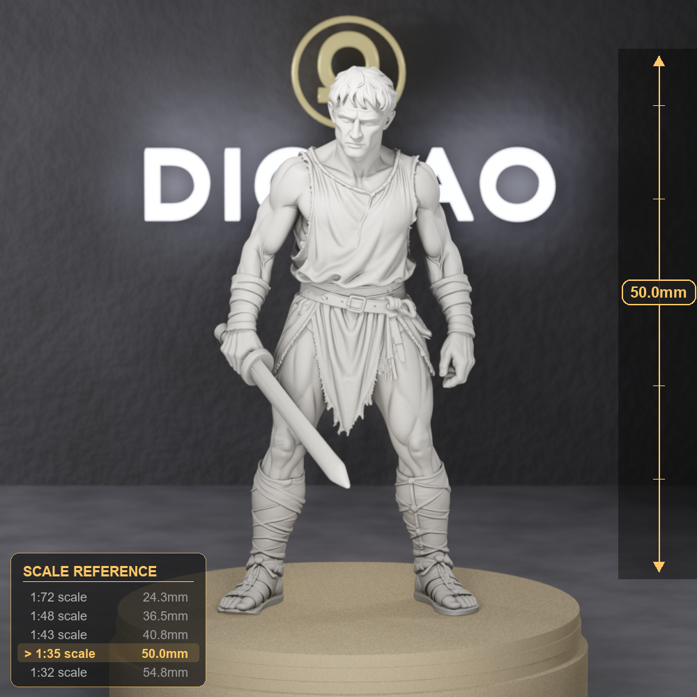 Gladiator Trainee with Wooden Sword — Roman ludus recruit drilling against the palus, 1:35 scale grey resin miniature, short tunic, wooden practice gladius. — size reference with ruler.