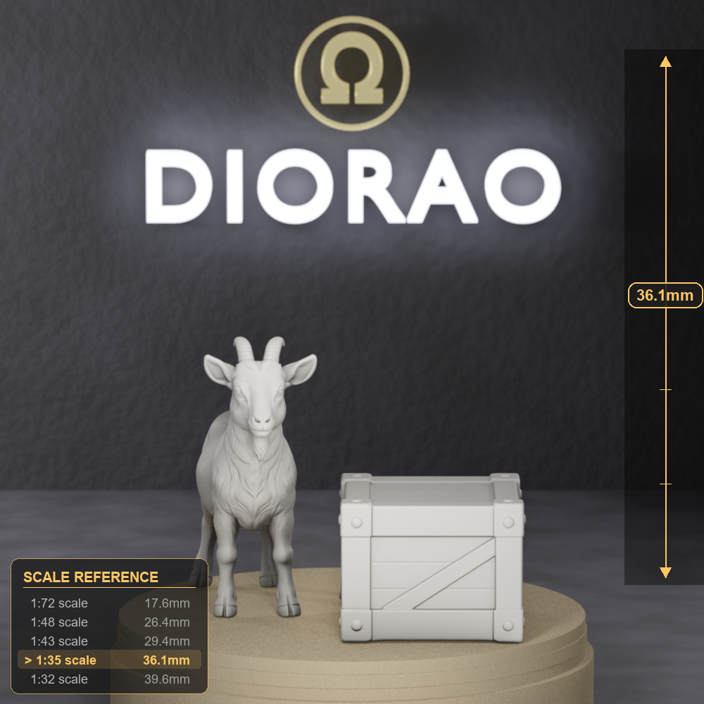 Goat Beside Crate - small colonial settlement goat standing beside a low wooden crate, 1:35 scale grey resin miniature. - size reference with ruler.
