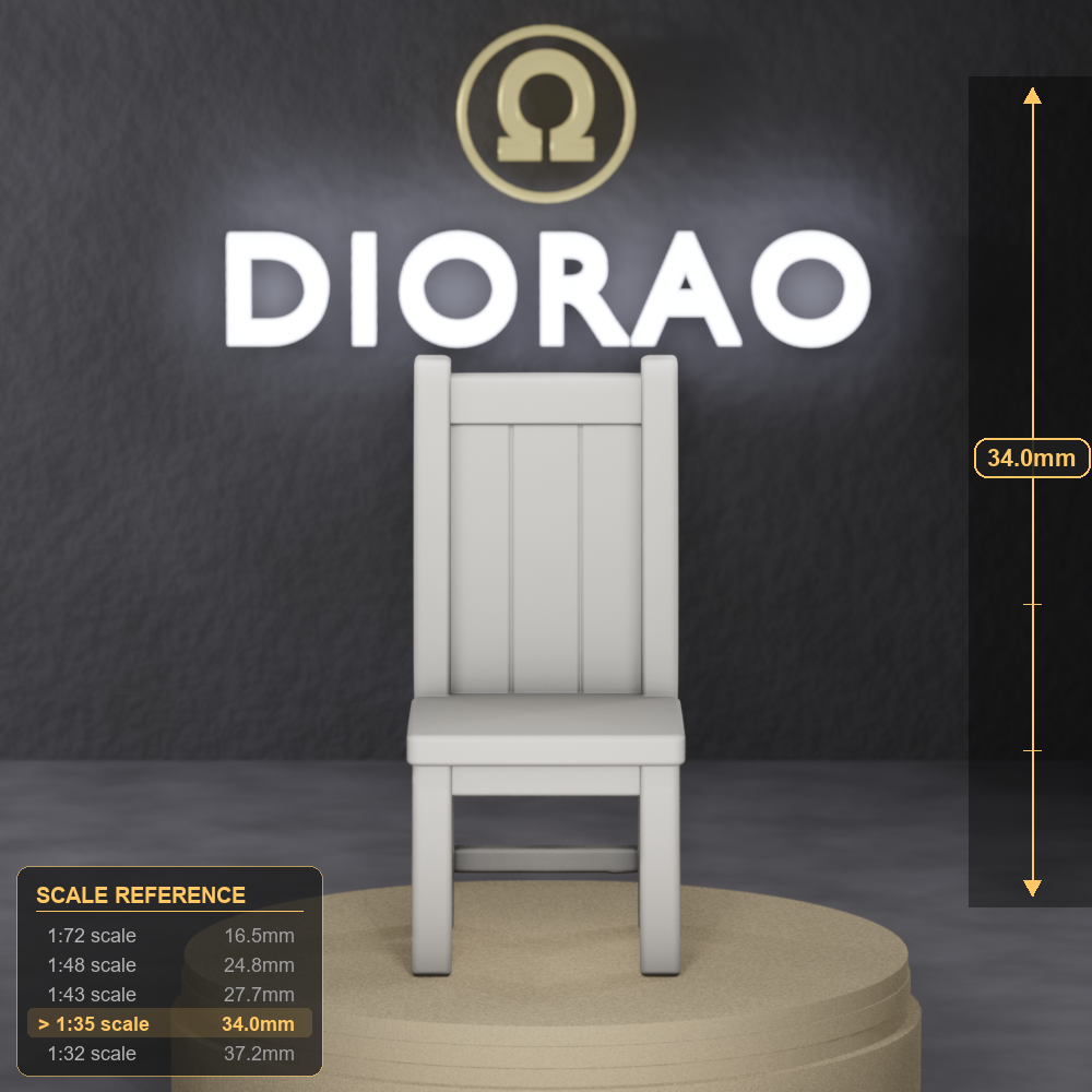 High Back Dining Chair - tall straight-backed dining chair with spindle back, 1:35 scale grey resin miniature. - size reference with ruler.