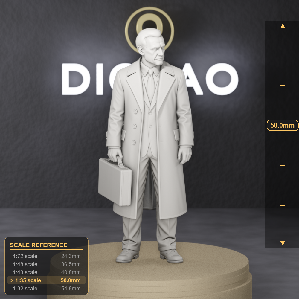 KGB Liaison Officer With Briefcase - Cold War KGB liaison officer in coat with briefcase, 1:35 scale grey resin miniature. - size reference with ruler.