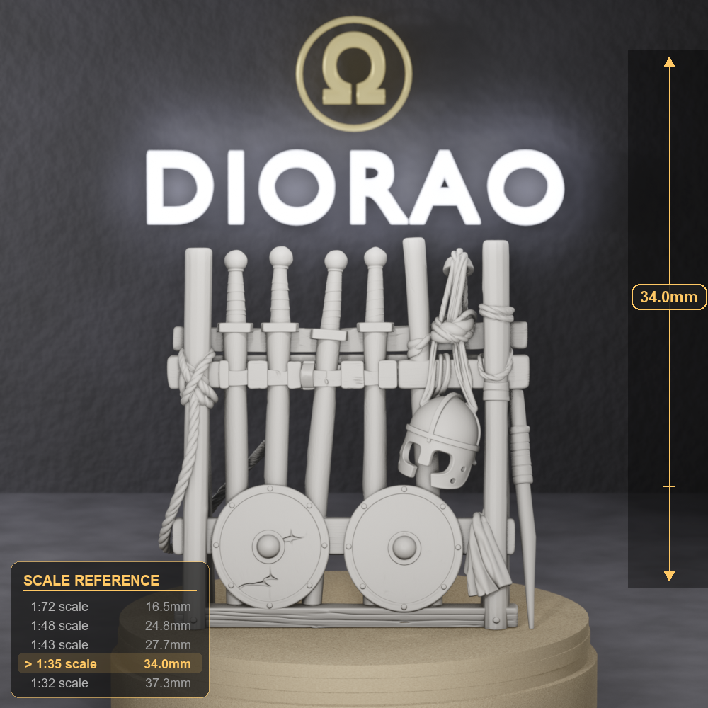 Ludus Weapon Rack — Roman gladiator training arsenal stand with wooden swords, shields and helmets, 1:35 scale grey resin miniature. — size reference with ruler.