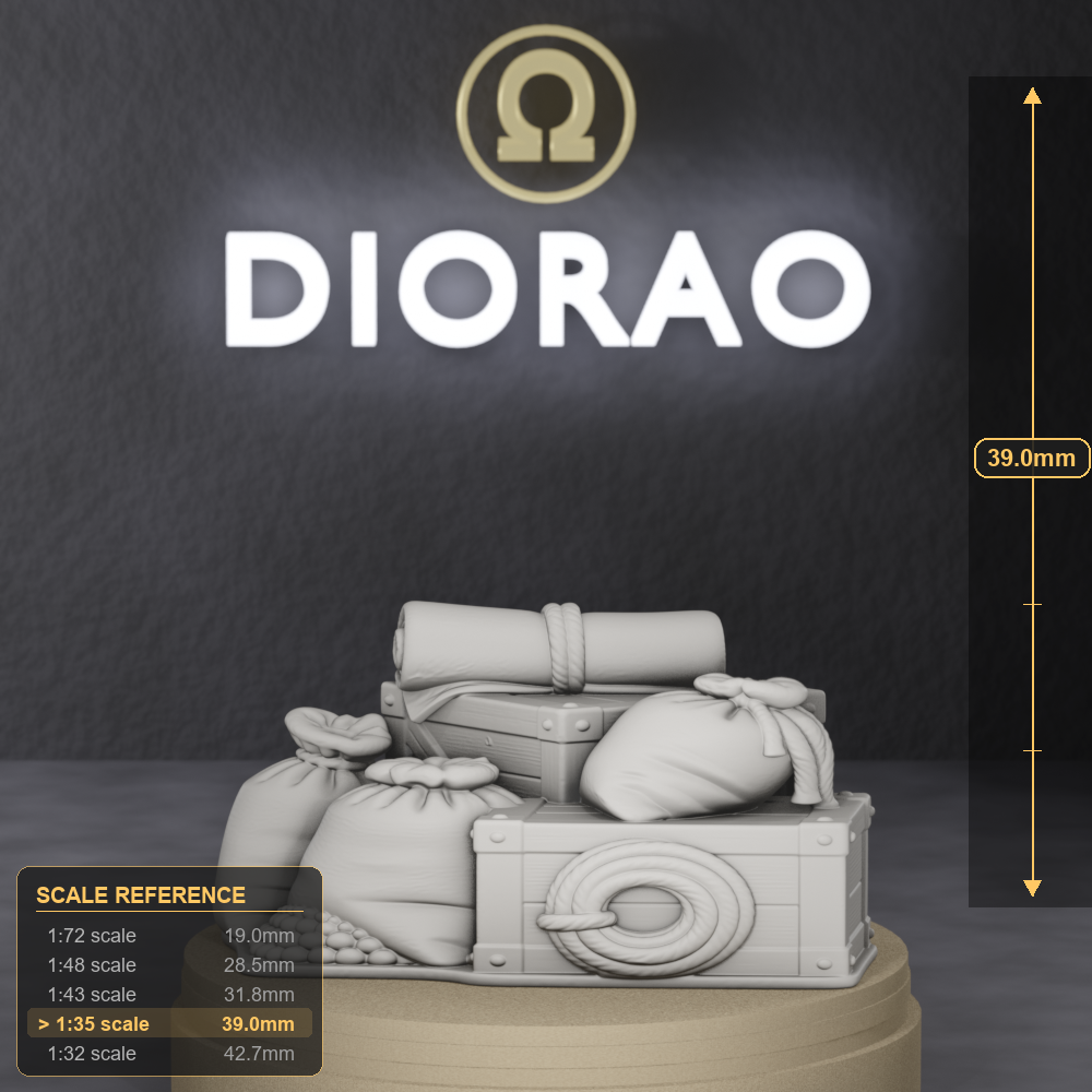 Market Crates and Sacks — stacked Roman wooden crates and linen sacks, 1:35 scale grey resin miniature. — size reference with ruler.