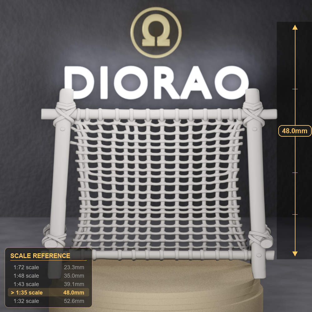 Net Repair Frame - Viking-Age timber frame with a part-mended fishing net stretched across, 1:35 scale grey resin miniature. - size reference with ruler.