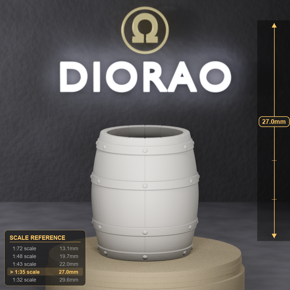 Open Top Barrel - barrel with no upper head, suitable for rainwater or bulk storage, 1:35 scale grey resin miniature. - size reference with ruler.