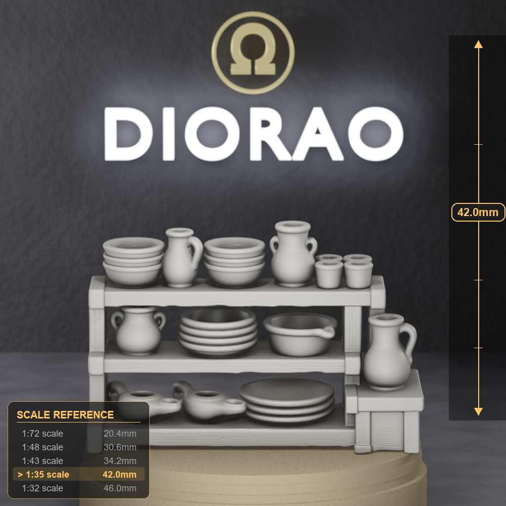 Pottery Display Table — Roman marketplace table arrayed with bowls, cups, and pitchers, 1:35 scale grey resin miniature. — size reference with ruler.
