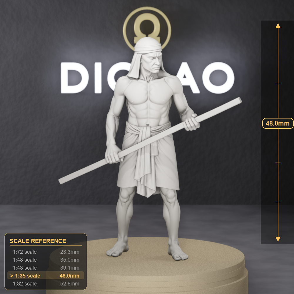 Ramp Overseer With Measuring Rod - Old Kingdom Egyptian work overseer holding a wooden measuring rod, 1:35 scale grey resin miniature. - size reference with ruler.