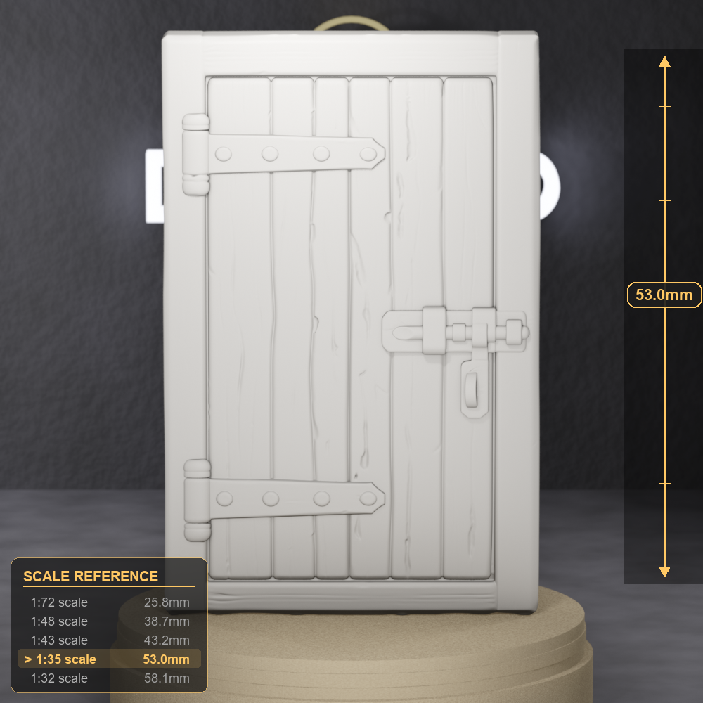 Roman Wooden Door - single weathered plank door with iron hinges and frame, 1:35 scale grey resin miniature. - size reference with ruler.
