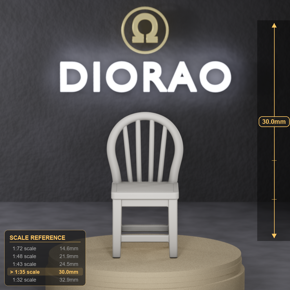 Round Back Chair - rounded-back wooden chair with spindles, 1:35 scale grey resin miniature. - size reference with ruler.