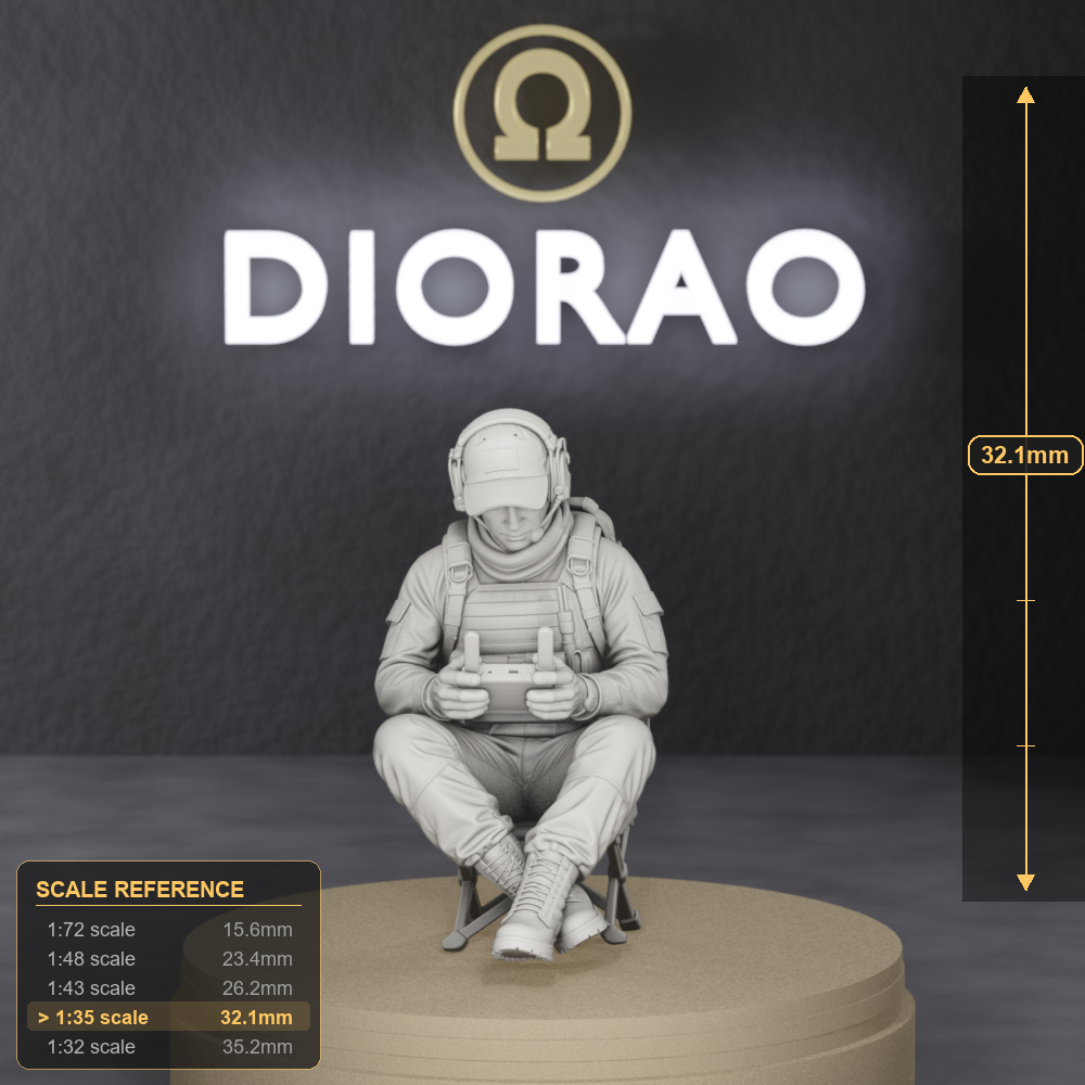 Seated Drone Controller - modern Sahel drone operator seated with handheld controller and tablet, 1:35 scale grey resin miniature. - size reference with ruler.