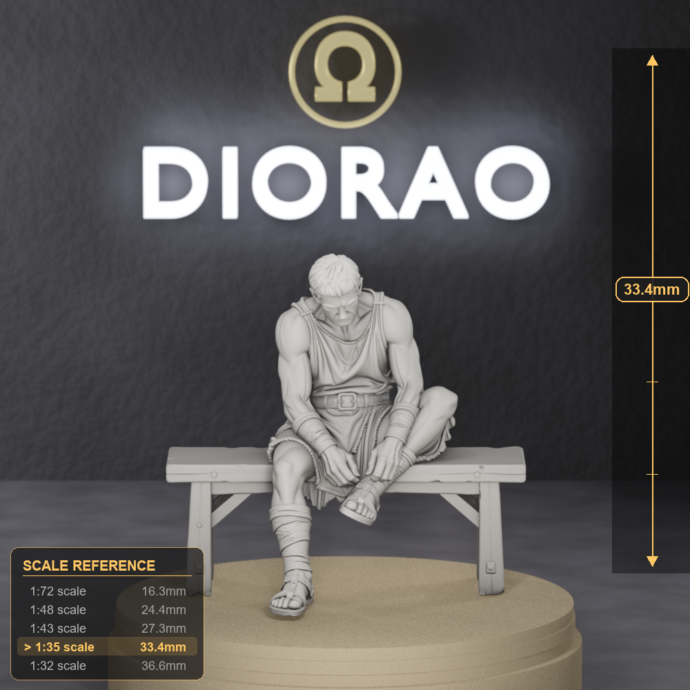 Seated Gladiator Trainee — Roman ludus recruit at rest after drill, 1:35 scale grey resin miniature, adjusting a sandal. — size reference with ruler.