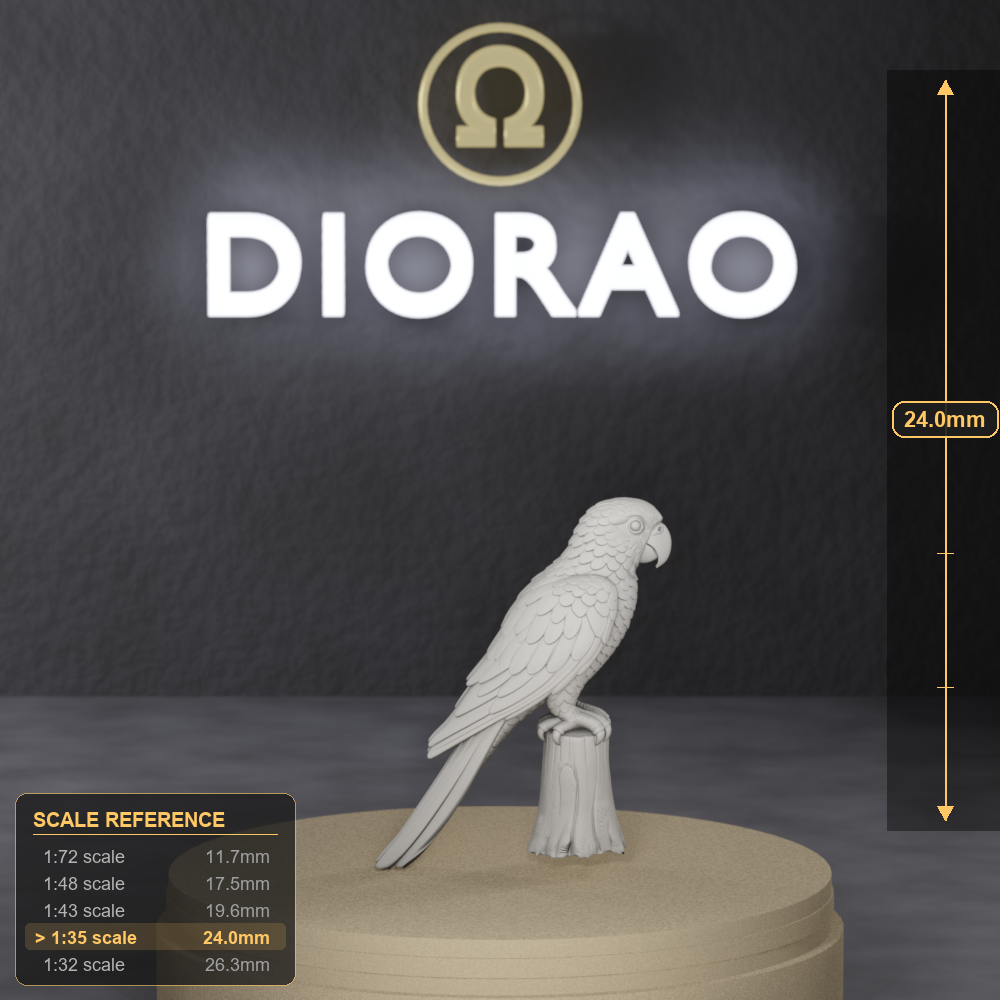 Shore Parrot Perched - Caribbean parrot perched on a branch fragment, 1:35 scale grey resin miniature. - size reference with ruler.
