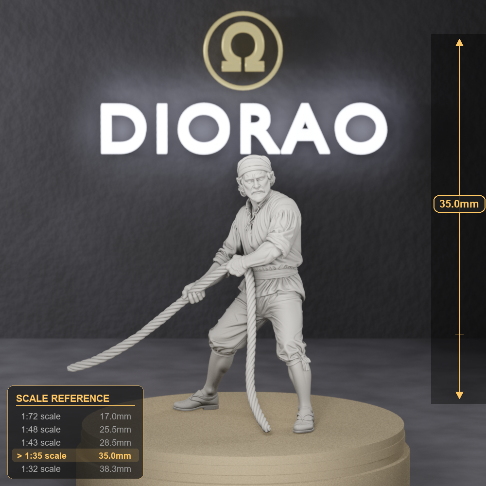 Spanish Sailor Hauling Rope - 1492 Spanish caravel sailor hauling rope, 1:35 scale grey resin miniature. - size reference with ruler.
