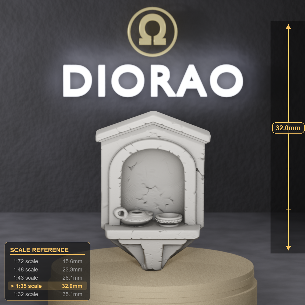 Street Shrine Niche - small arched Roman household shrine with offering bowl, 1:35 scale grey resin miniature. - size reference with ruler.