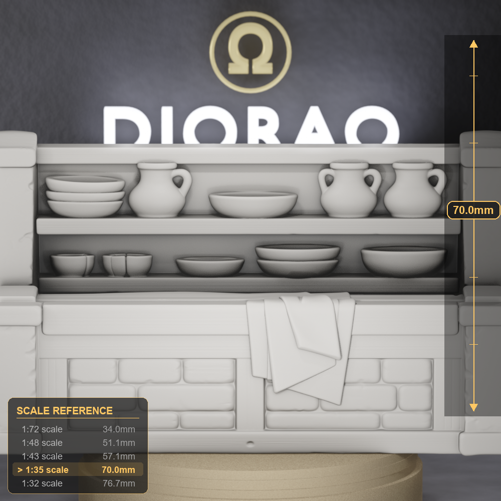 Taberna Counter Front — Roman shop counter with embedded dolia jars, 1:35 scale grey resin miniature. — size reference with ruler.