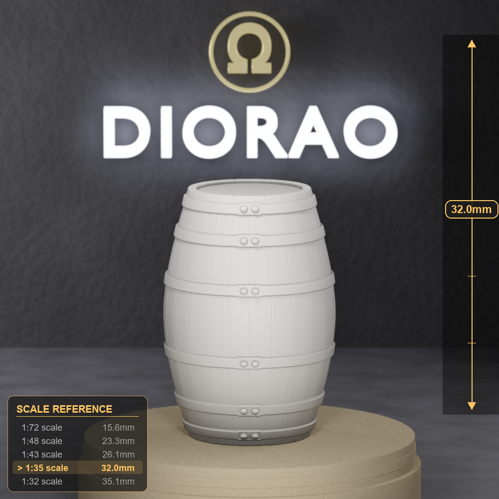Tall Wine Tonneau - tall French wine tonneau barrel with iron hoops, 1:35 scale grey resin miniature. - size reference with ruler.