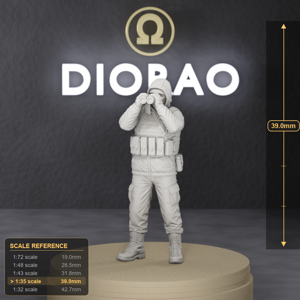 Trench Spotter With Binoculars - Ukrainian trench spotter with binoculars looking up for drones, 1:35 scale grey resin miniature. - size reference with ruler.