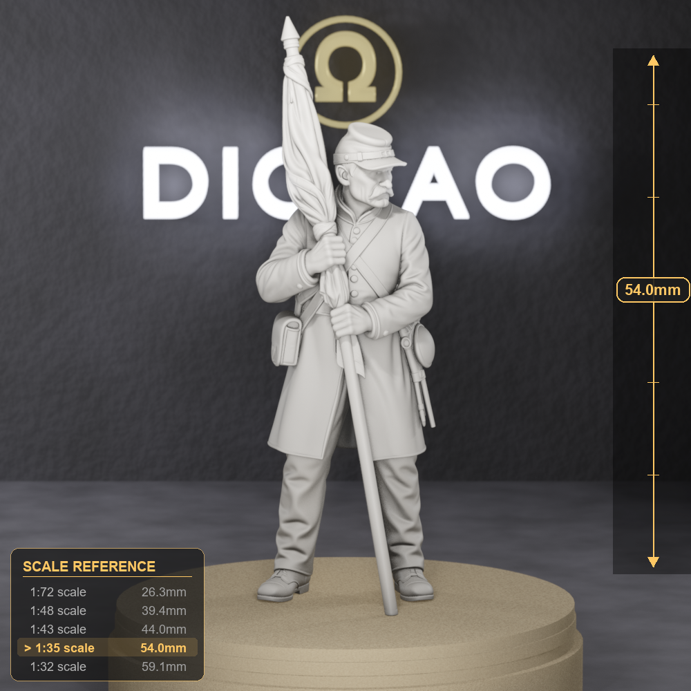 Union Color Sergeant With Furled Flag - Civil War Union color sergeant holding the regimental colors furled around the staff, 1:35 scale grey resin miniature. - size reference with ruler.