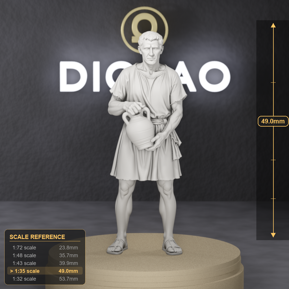 Water Carrier — Roman ludus support attendant, 1:35 scale grey resin miniature, carrying a clay water jug across the training yard. — size reference with ruler.
