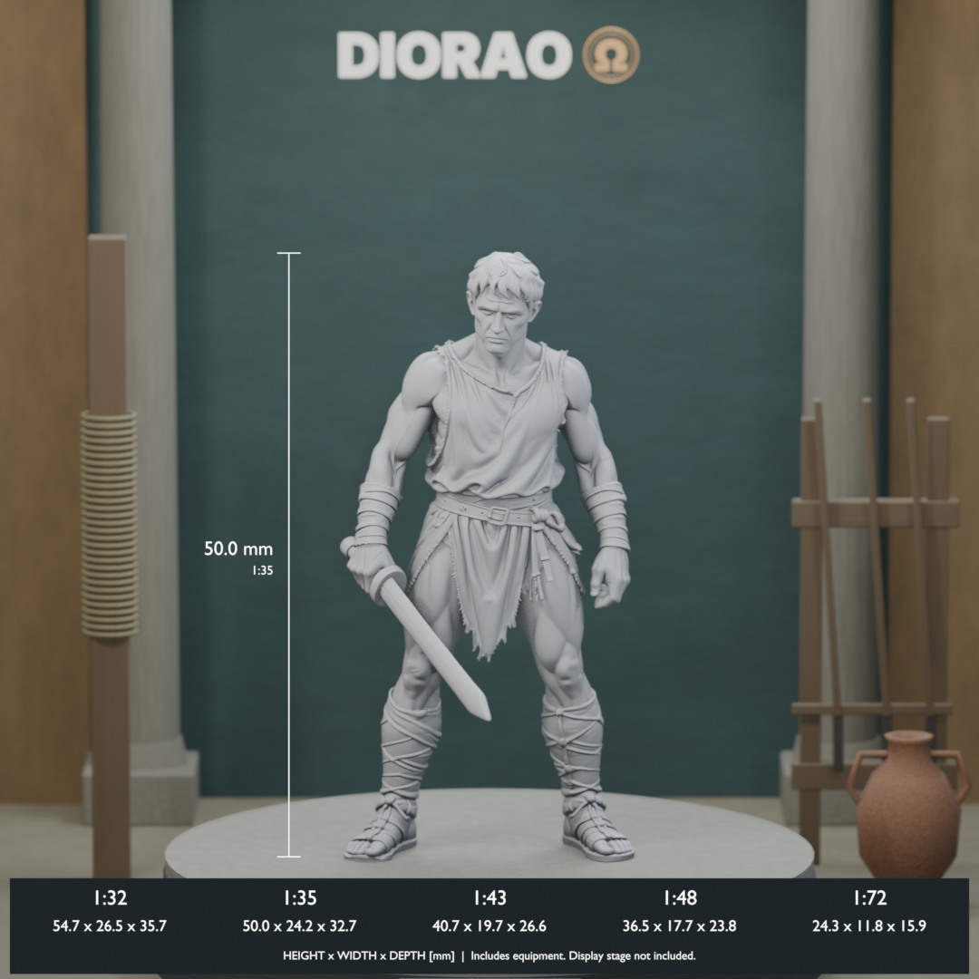 Gladiator Trainee with Wooden Sword — actual STL dimensions in all five scales, height x width x depth in millimetres. Scenery not included.
