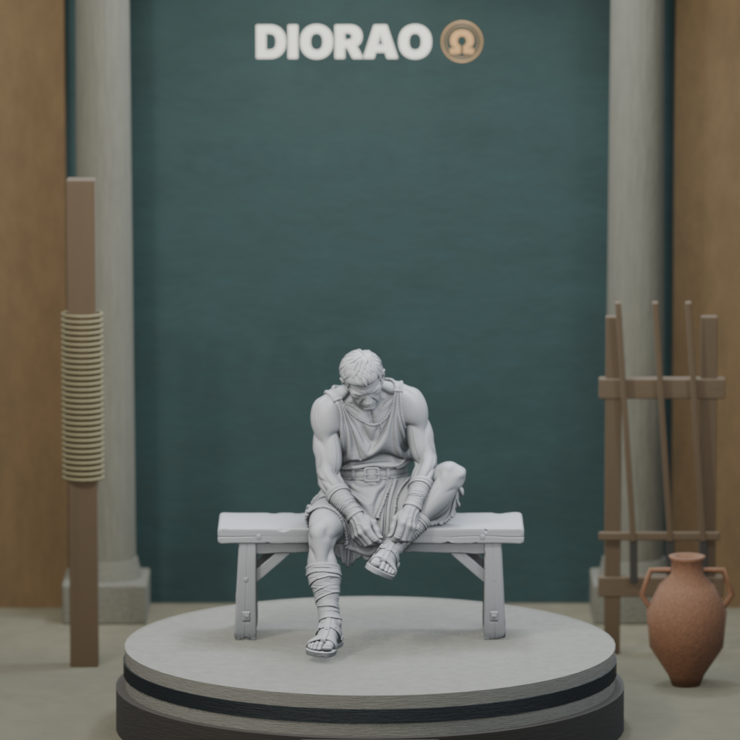 Seated Gladiator Trainee — actual STL on the DIORAO display stage, consistent physical scale. Scenery not included.