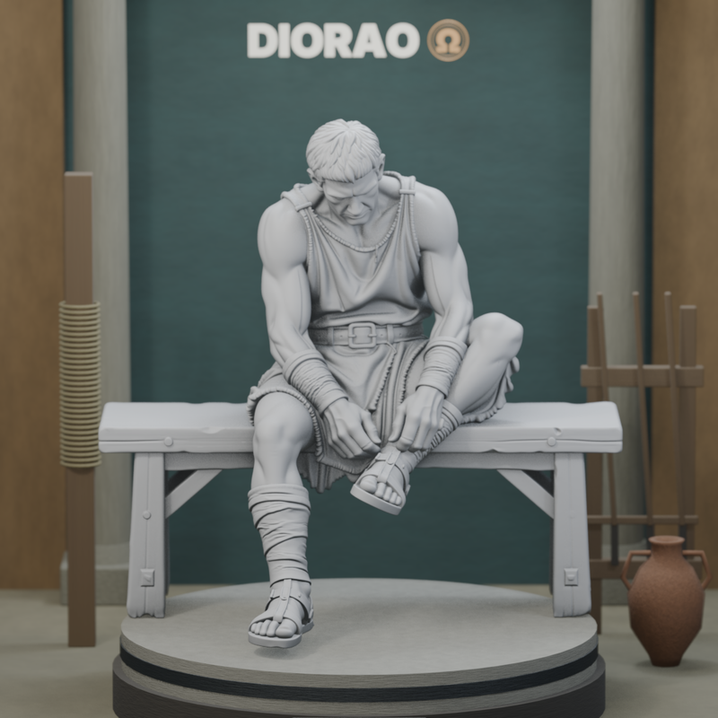 Seated Gladiator Trainee — actual STL on DIORAO display stage, enlarged framing; stage not included.