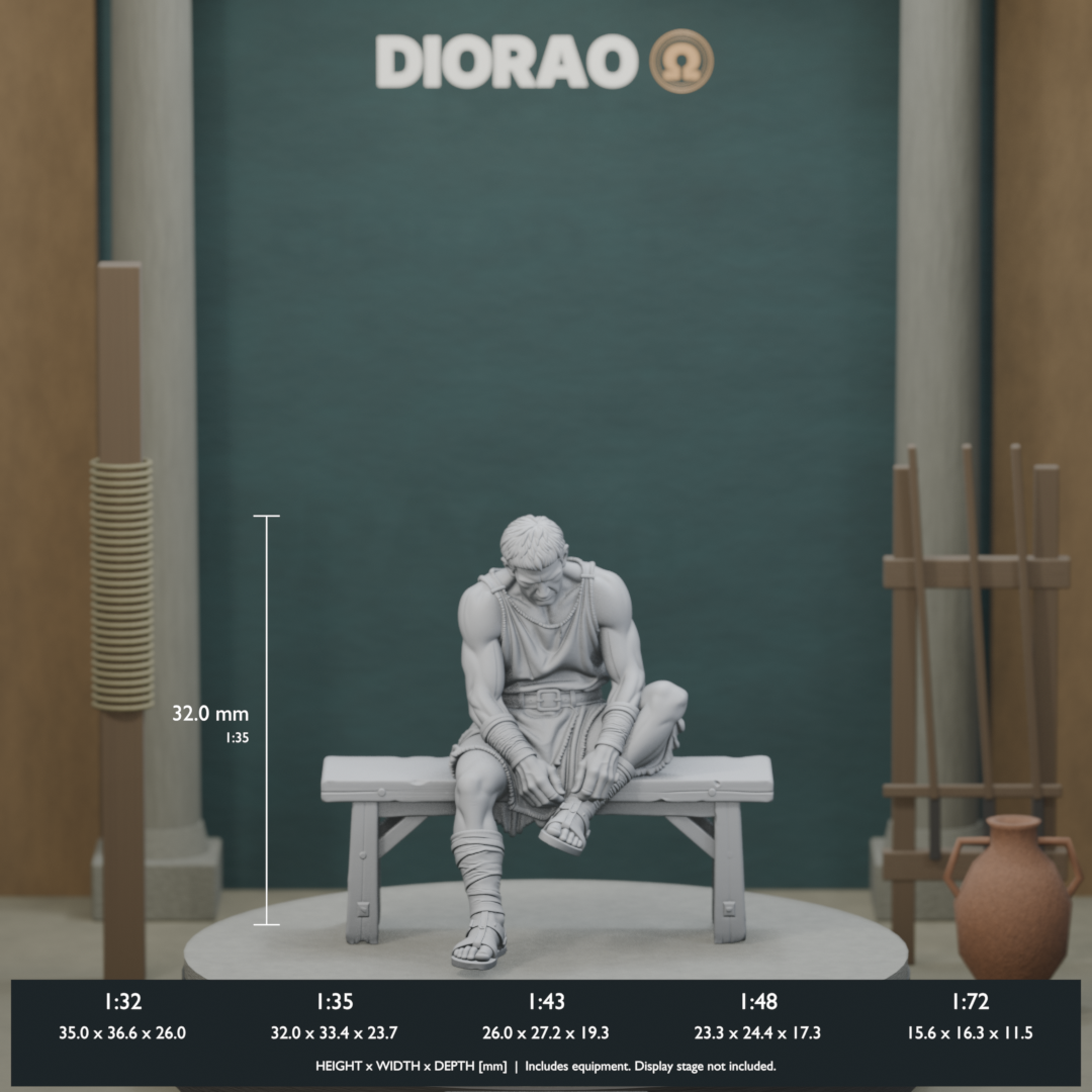 Seated Gladiator Trainee — actual STL dimensions in all five scales, height x width x depth in millimetres. Scenery not included.