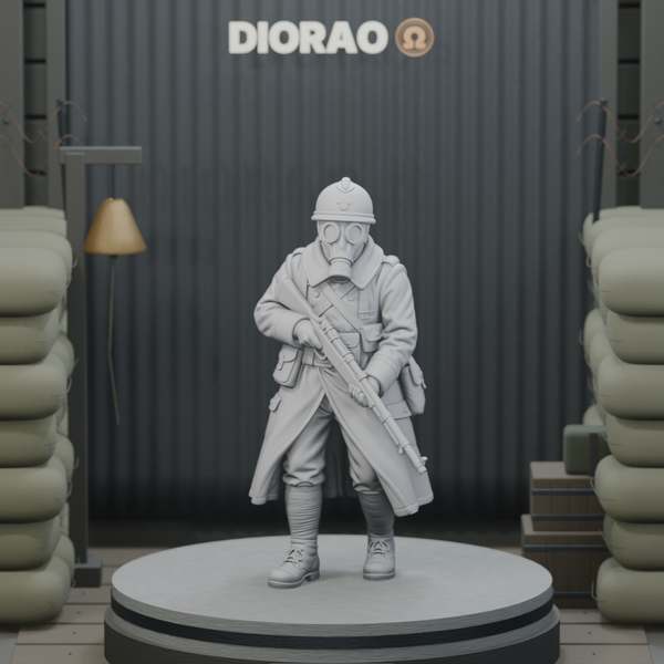 Gas Mask Sentry — actual STL on the DIORAO display stage, consistent physical scale. Scenery not included.
