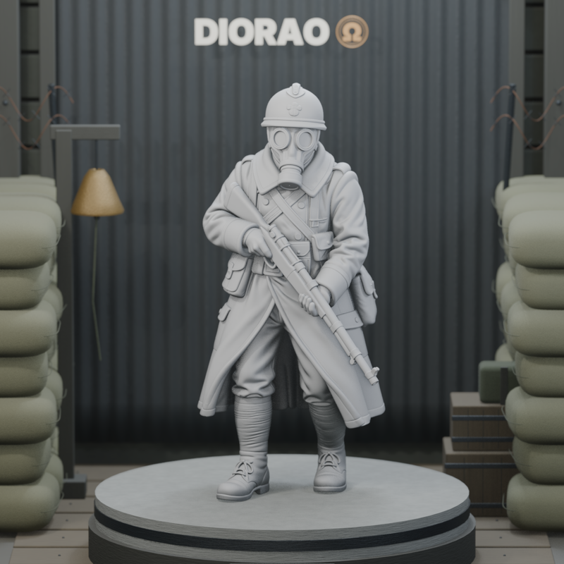 Gas Mask Sentry — actual STL on DIORAO display stage, enlarged framing; stage not included.