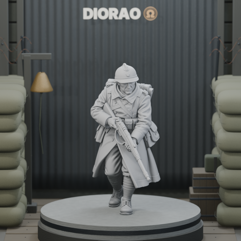 French Rifleman On Duckboards — actual STL on the DIORAO display stage, consistent physical scale. Scenery not included.