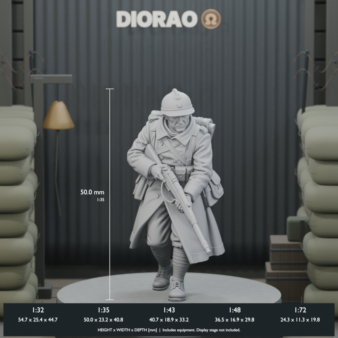 French Rifleman On Duckboards — actual STL dimensions in all five scales, height x width x depth in millimetres. Scenery not included.