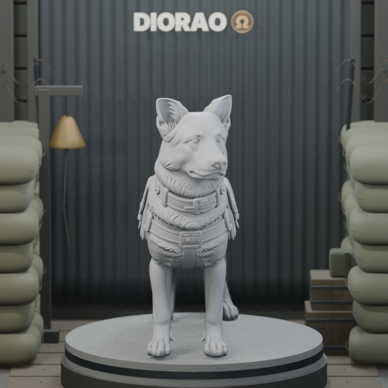 Messenger Dog With Satchel — actual STL on DIORAO display stage, enlarged framing; stage not included.