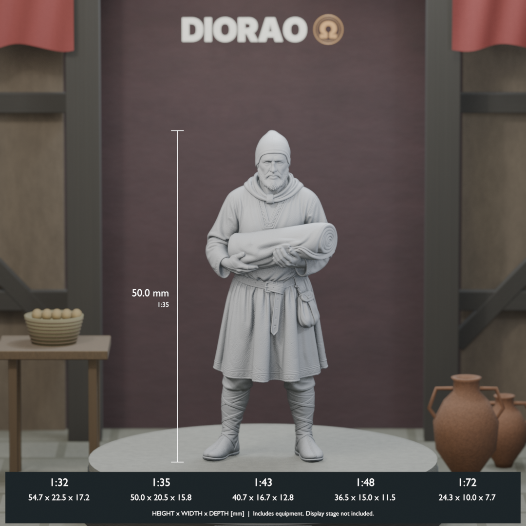 Cloth Vendor — actual STL dimensions in all five scales, height x width x depth in millimetres. Scenery not included.
