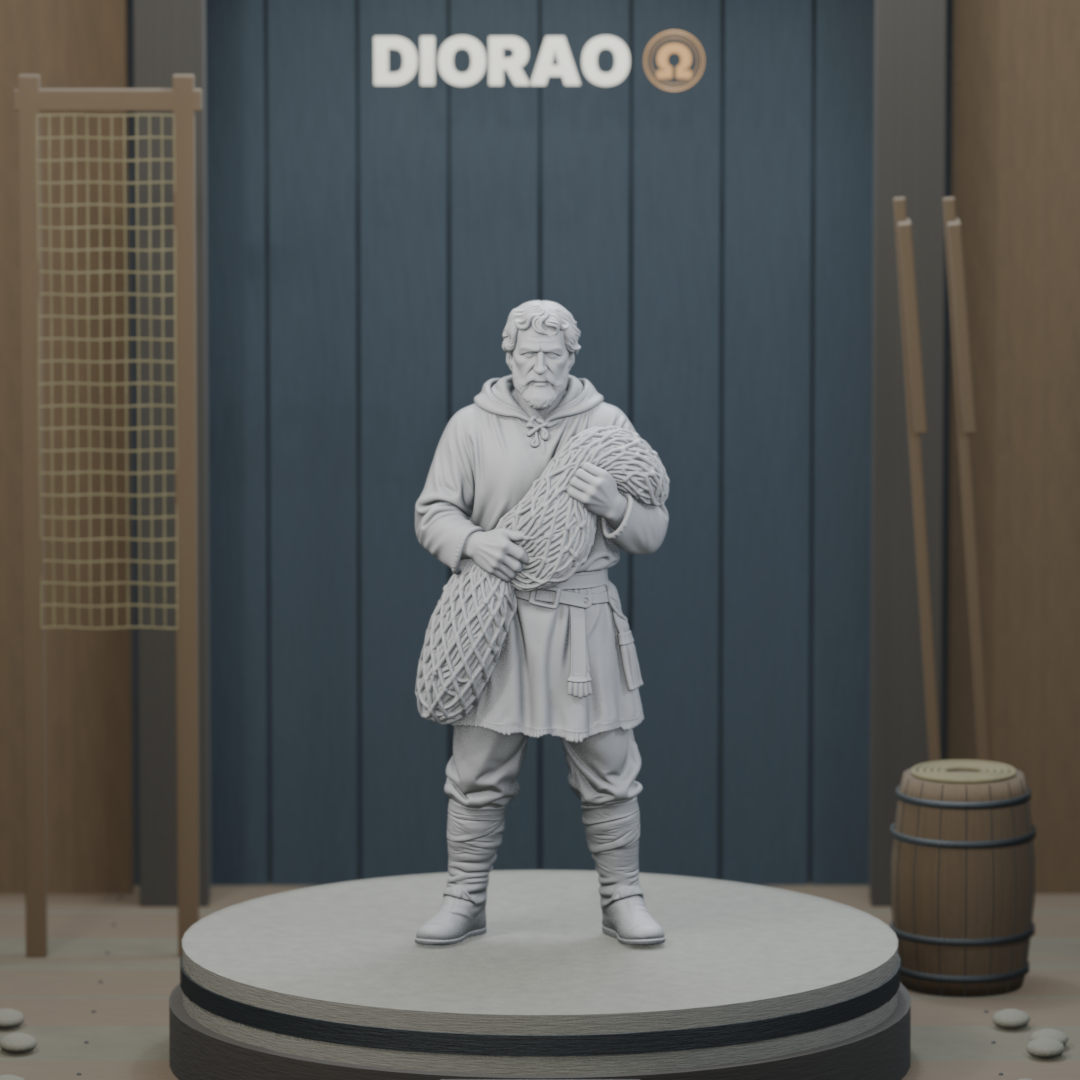 Norse Fisherman With Net — actual STL on the DIORAO display stage, consistent physical scale. Scenery not included.