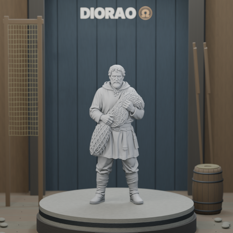 Norse Fisherman With Net — actual STL on the DIORAO display stage, consistent physical scale. Scenery not included.