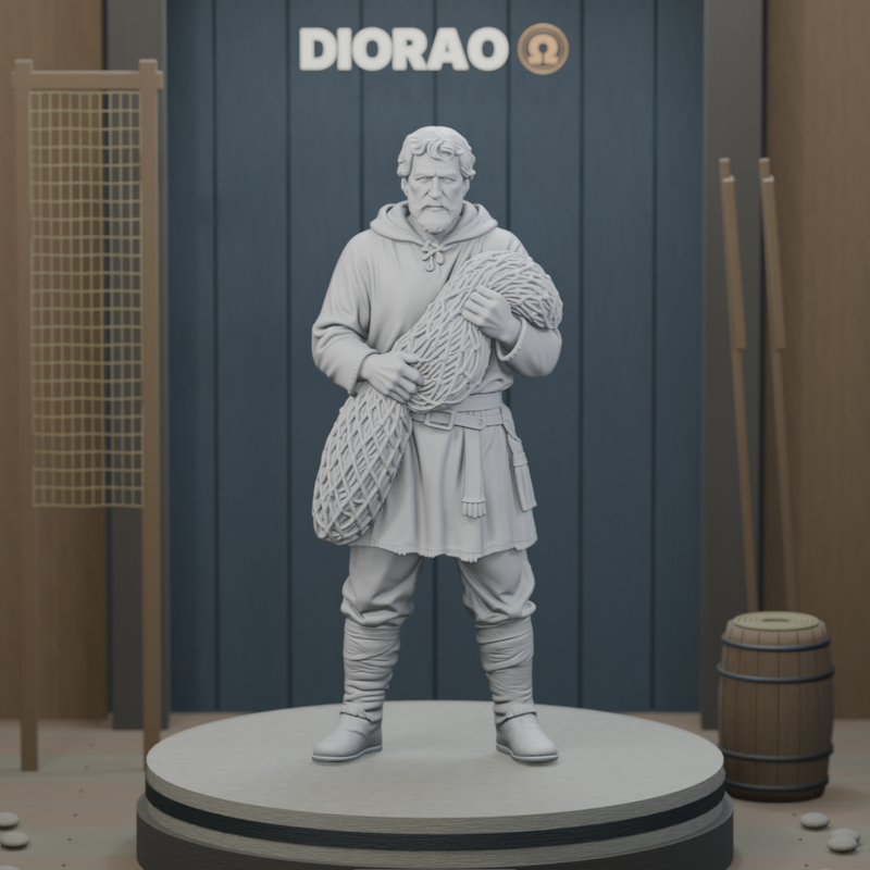 Norse Fisherman With Net — actual STL on DIORAO display stage, enlarged framing; stage not included.