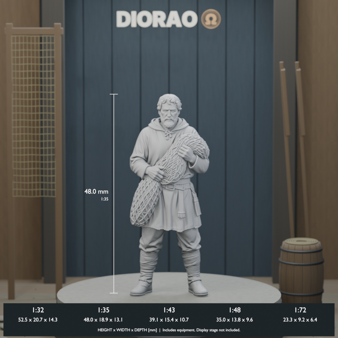 Norse Fisherman With Net — actual STL dimensions in all five scales, height x width x depth in millimetres. Scenery not included.