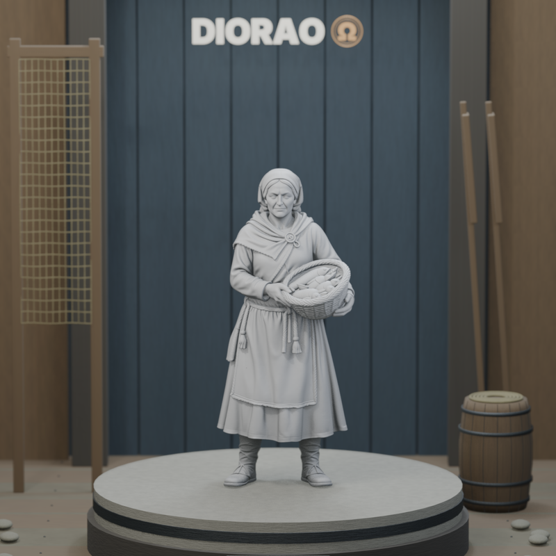 Fishmonger Woman With Basket — actual STL on the DIORAO display stage, consistent physical scale. Scenery not included.
