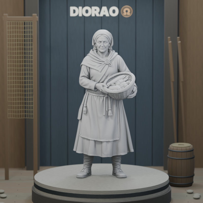 Fishmonger Woman With Basket — actual STL on DIORAO display stage, enlarged framing; stage not included.