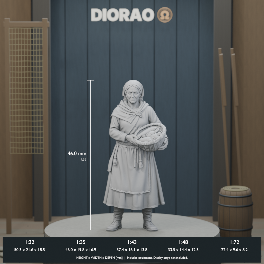 Fishmonger Woman With Basket — actual STL dimensions in all five scales, height x width x depth in millimetres. Scenery not included.
