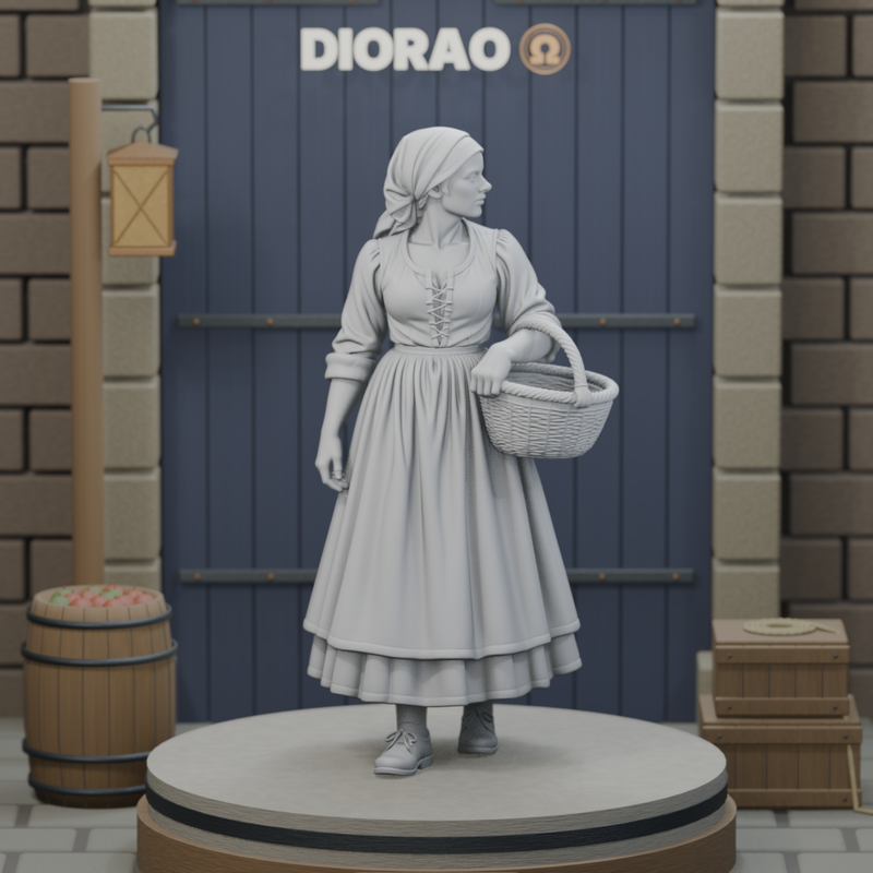 Market Woman With Basket — actual STL on DIORAO display stage, enlarged framing; stage not included.