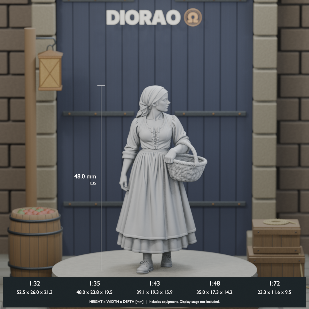 Market Woman With Basket - actual STL dimensions in all five scales, height x width x depth in millimetres. Scenery not included.