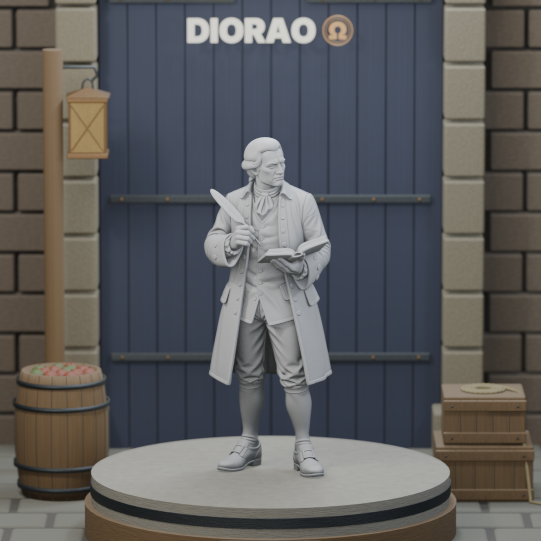 Harbor Clerk With Ledger - actual STL on the DIORAO display stage, consistent physical scale. Scenery not included.