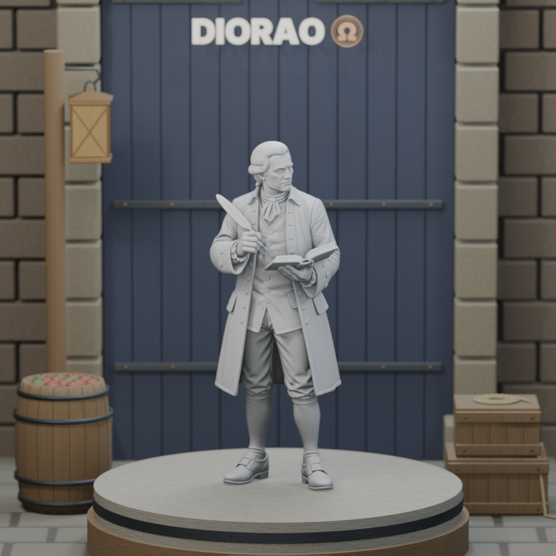 Harbor Clerk With Ledger - actual STL on the DIORAO display stage, consistent physical scale. Scenery not included.