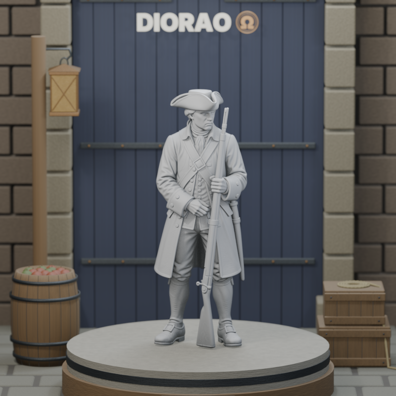 Colonial Militia Sentry - actual STL on the DIORAO display stage, consistent physical scale. Scenery not included.