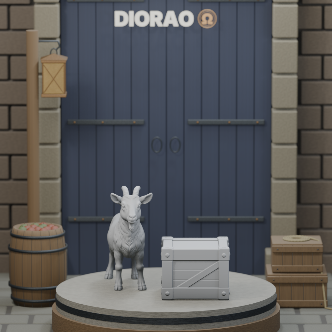 Goat Beside Crate - actual STL on the DIORAO display stage, consistent physical scale. Scenery not included.